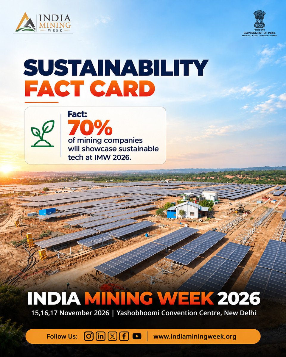 Official_IMW's tweet photo. Sustainability is shaping the future of mining. 🌱 Discover the innovations driving a greener industry at India Mining Week 2026.
Register Now
Visitor Registration: https://t.co/VLhawyTXmt
Delegate Registration: https://t.co/UMaX82D9x1
#IndiaMiningWeek #IMW2026 #SustainableMining #MiningInnovation #MinistryOfCoal