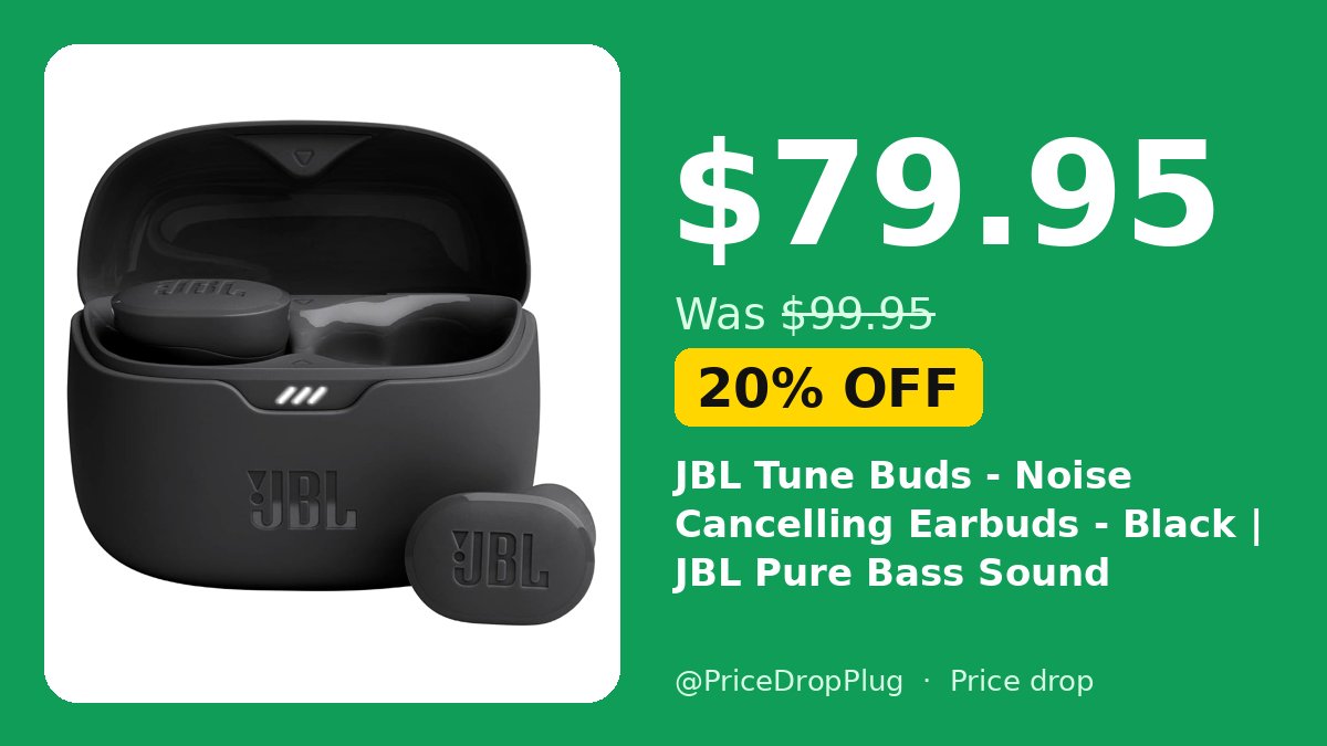 PriceDropPlug's tweet photo. JBL TUNE BUDS ONLY $79.95?? 🔥

Was $99.95, 20% OFF! INSANE price 🤯

https://t.co/yDS1RrhCm1

#ad https://t.co/H59vXZ2SXR