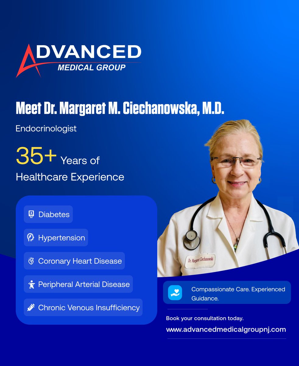 AdvancedMedGrp's tweet photo. Meet Dr. Margaret M. Ciechanowska, M.D., an accomplished and compassionate endocrinologist with 35 years of experience in diagnosing and managing diabetes, endocrine, metabolic, and cardiovascular-related conditions.

#AdvancedMedicalGroup #MargaretCiechanowska #Endocrinologist https://t.co/wcMjq4RU5c