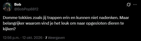 pythonmaniac's tweet photo. @BobPop8812 wat een anonieme idiote trol ben je toch. Blokkeren omdat iemand een andere mening heeft? Je bevestigt mijn gelijk dat jij een sneu persoon bent. En nogmaals, verdiep je eens echt in de dierentuinen ipv roeptoeteren. Doei! https://t.co/4etYlyBbE0