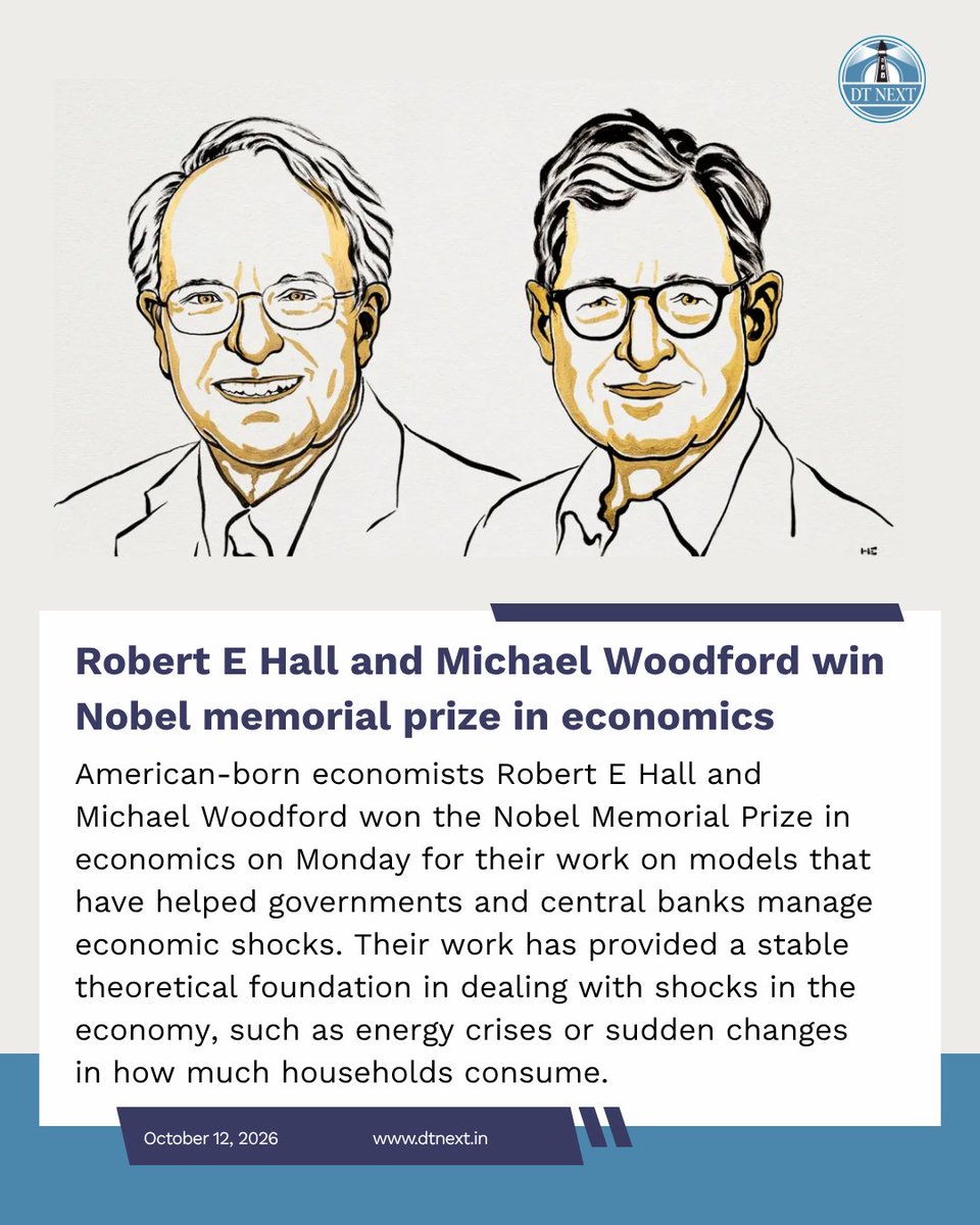 dt_next's tweet photo. American-born economists #RobertEHall and #MichaelWoodford won the #Nobel memorial prize in #economics on Monday for their work on models that have helped governments and central banks manage economic shocks.
https://t.co/COFt3sebow
#DTNext #NobelPrize #Economics https://t.co/tsCOCcZ1jv