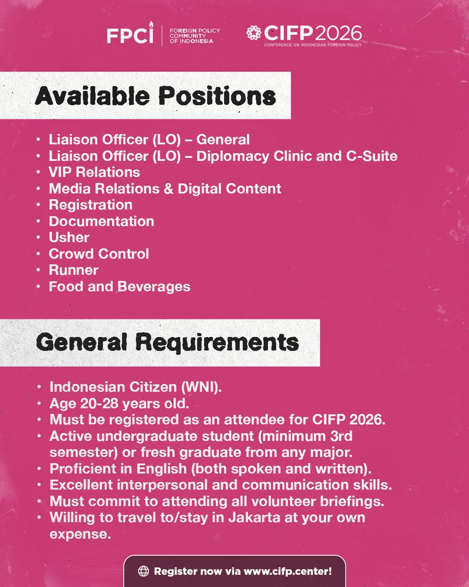 fpcindo's tweet photo. Be part of something bigger—join the CIFP 2026 Volunteer Team!

As the Conference on Indonesian Foreign Policy (CIFP) celebrates its 10th Edition, we’re looking for passionate and dedicated individuals to help bring the world’s largest foreign policy conference to life.

Explore the available roles and requirements, and submit your application now at https://t.co/Uzx1gVyXOB. Be part of the team that makes #CIFP2026 happen!