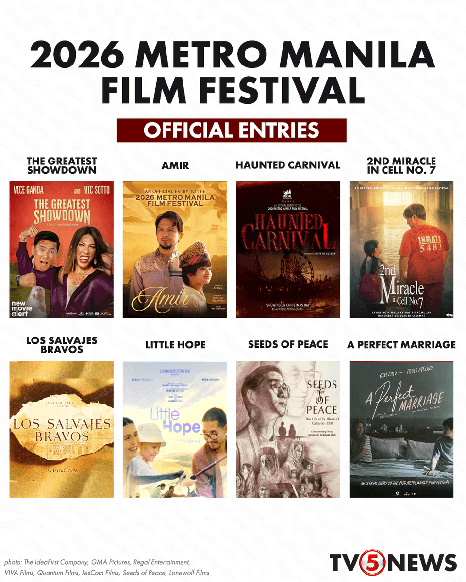 News5PH's tweet photo. 2026 MMFF ENTRIES 🎞️🍿🎄

Kasado na ang walong film entries na mapapanood sa 2026 Metro Manila Film Festival.

Mapapanood ang mga pelikula simula Pasko, Dec. 25. May price cap na P299 ang MMFF tickets.

#MMFF #MMFF2026 #MMFF52 https://t.co/UpSNfJ6Dxf