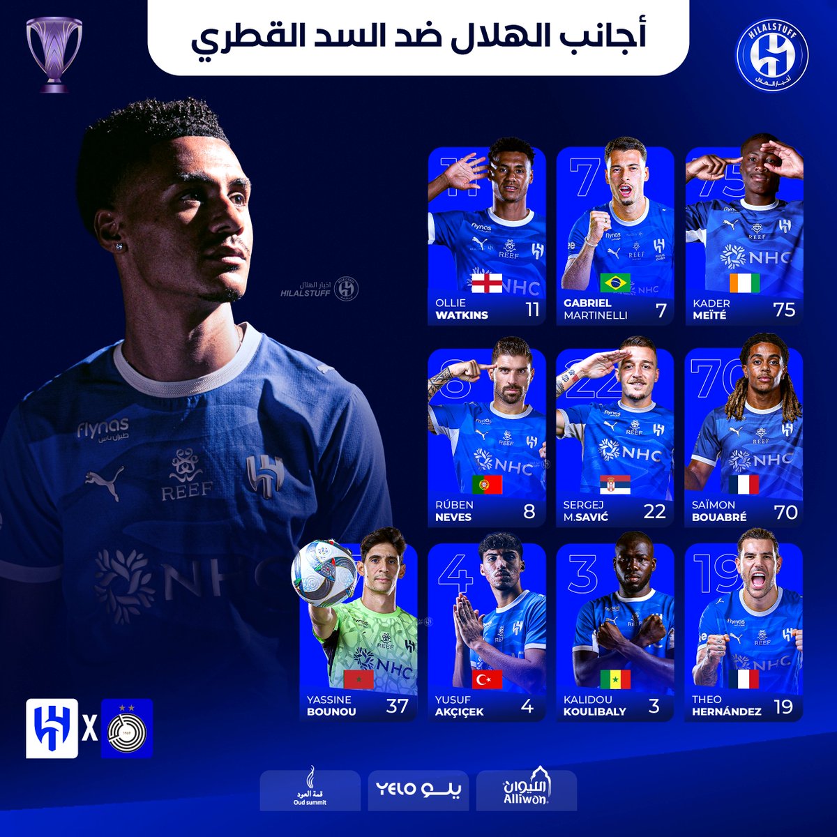 hilalstuff's tweet photo. 🚨 — عاجل:

🔵 أجانب #الهلال ضد السد القطري: 
  
🇲🇦 بونو 
🇫🇷 ثيو 
🇸🇳 كوليبالي
🇹🇷 أكتشيشيك 
🇵🇹 نيفيز  
🇷🇸 سافيتش
🇫🇷 سايمون  
🇧🇷 مارتينيلي 
🏴󠁧󠁢󠁥󠁮󠁧󠁿 واتكينز
🇨🇮 ميتي https://t.co/4gkahBJ8n5
