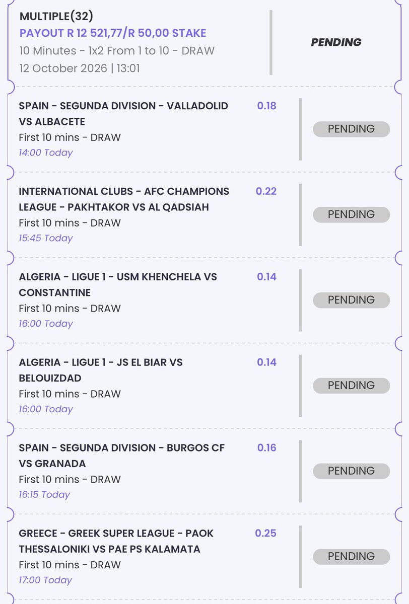 aidenchaggie's tweet photo. 🗣️ 1st 10 minutes draw & FH over 0,5 goals
📍Booking codes👉🏽 1466120863 & 1466121363
🔥Hollywoodbets all the way💫
💜 #hollywoodbetssignup
🔗 Register here: https://t.co/0levIvCgje
• Get R25 plus 50 free spins
18+ only. Ts & Cs apply
#hollywoodbets #HollywoodbetsxWeeklyGames