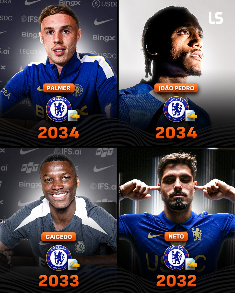 livescore's tweet photo. Chelsea have given 4 key players 🆕 deals in just six months 🔵✍️ 

Palmer is the latest star to commit his future to Stamford Bridge, joining João Pedro on a contract until 2034 ✅ https://t.co/ONsG24k8Qk