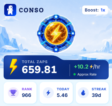Xskp05's tweet photo. Checking my @conso_xyz progress today 
More prompts, more ZAPs ⚡ https://t.co/WfovJNIWBj