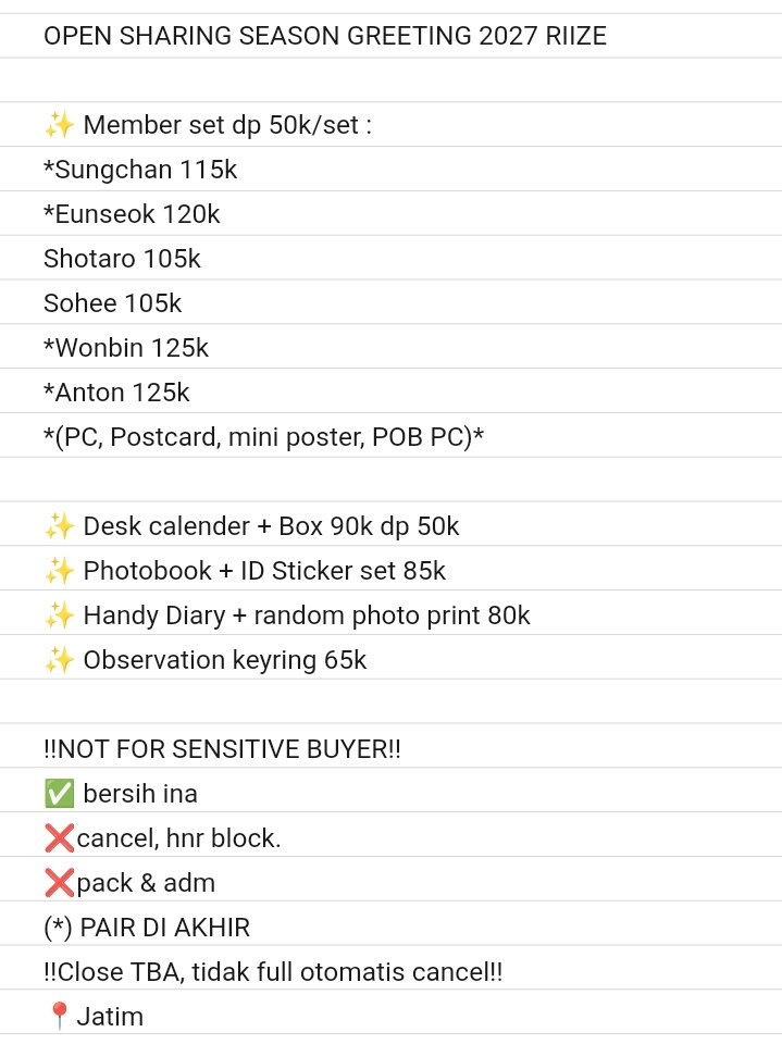 neojoyshop's tweet photo. OPEN SHARING SEASON GREETING 2027 RIIZE

✨ Member set dp 50k/set :
*Sungchan 115k
*Eunseok 120k
Shotaro 105k
Sohee 105k
*Wonbin 125k
*Anton 125k
(PC, Postcard, mini poster, POB PC)

‼️NOT FOR SENSITIVE BUYER‼️
(*) PAIR DI AKHIR
‼️Close TBA, tidak full otomatis cancel‼️
📍Jatim https://t.co/Wuq3c0AMLp