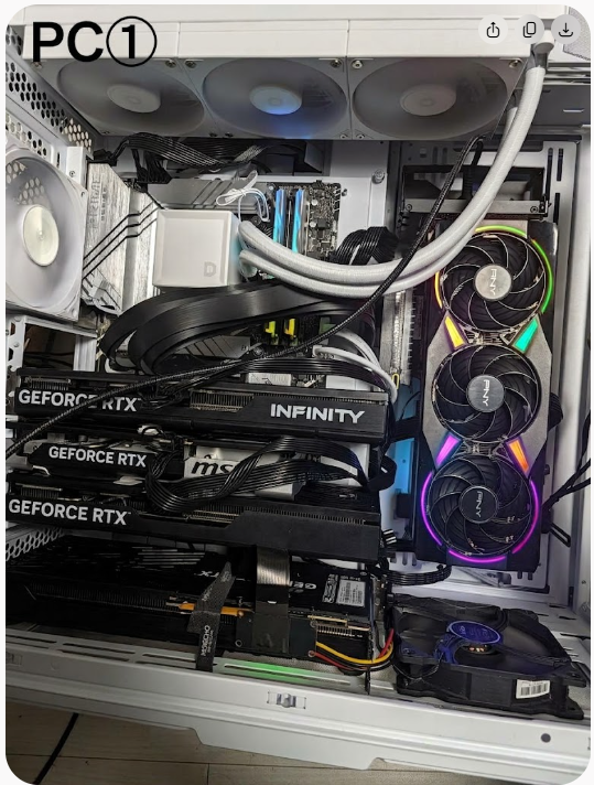 autedev_com's tweet photo. 私の地元のLLM稼働環境です。
PC①
　GPU 5070ti 1個、5060ti 16G 4個
　メモリ DDR5 6400 96G
　CPU i9-14900KF
PC②
　GPU 5070 1個、V100 1個（到着まち）
　メモリ DDR4-3200 128G
　CPU i5-14400F
PC？③
　M6 Macmin最小構成（メモリ16G、SSD256G） https://t.co/JuG2wpb1o3