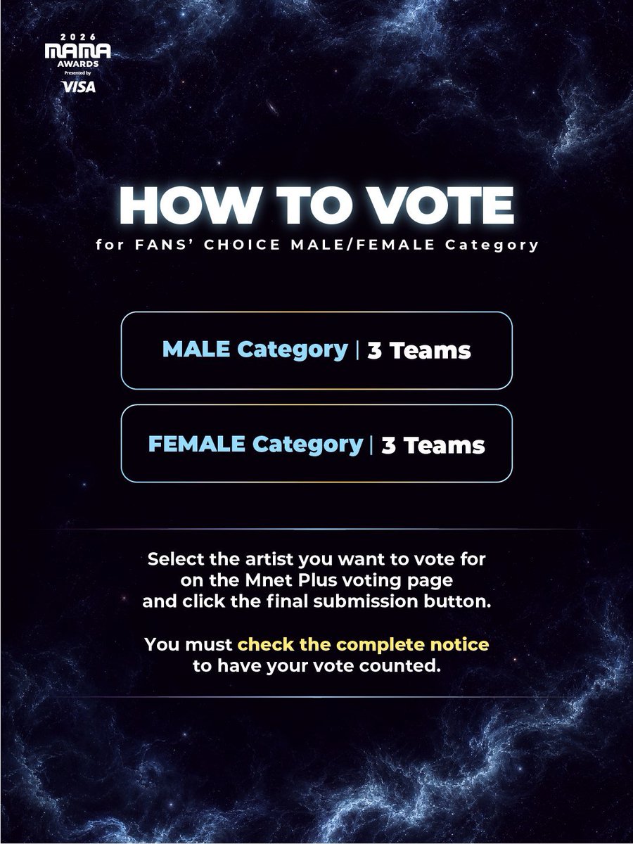 01Btsxarmy1's tweet photo. [🗳] MAMA 2026

Fans' Choice 1st vote starts! BTS is nominated, cast your votes now! 

🔸️90% Mnet Plus (1 vote/device/day)
🔗: https://t.co/IR80itro8T
🔸️10% X (1 post/account/day)

⏰️: Reset at 12AM KST
📅: ~Oct. 22, 11:59PM KST

#2026MAMAVOTE #BTS

Read the guide below 👇 https://t.co/jee11xSfBr