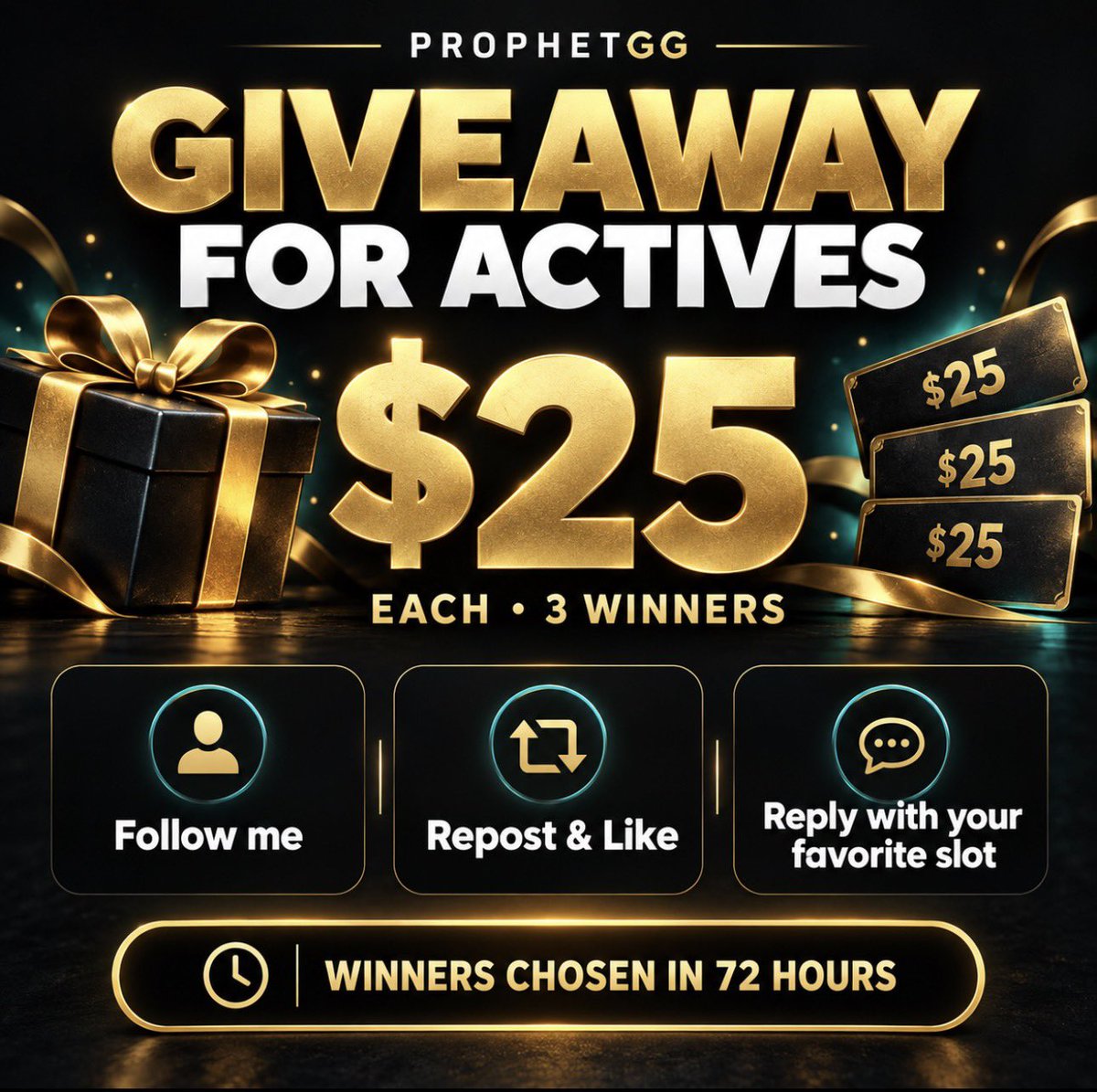 codeProphetGG's tweet photo. 🎁Running a giveaway for actives🎁

💰$25 to THREE people who:💰

👉🏼Follow me
👉🏼Repost &amp; Like
👉🏼Reply with your favorite slot

🫵🏼Winners chosen in 72 hours🫵🏼 https://t.co/7uMxtCy5Bw