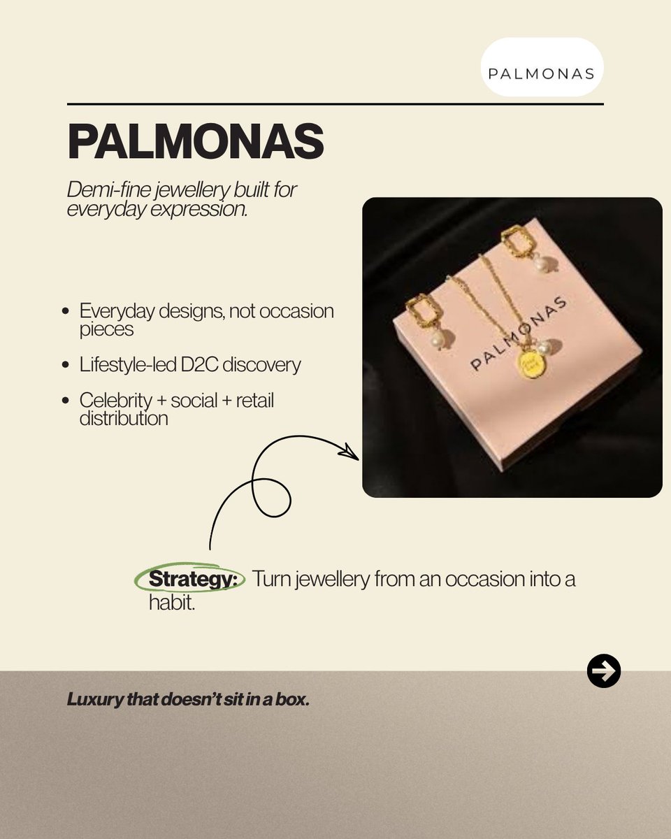 SahilShresthaX's tweet photo. Jewellery is moving from “special occasion” to “daily expression.” GIVA and Palmonas are building that shift differently. Which habit becomes the bigger moat?
#Jewellery #ConsumerBehaviour #D2CBrands #GIVA #Palmonas #BrandBuilding #MarketingStrategy #FounderLessons https://t.co/sx659Wghuo