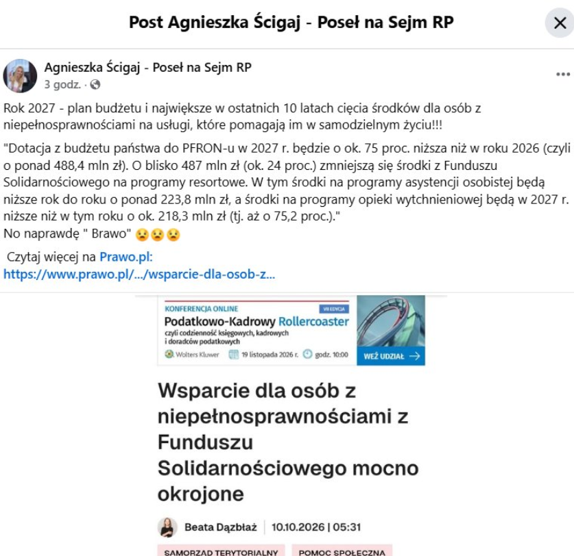 NatConPatriot's tweet photo. Tymczasem w tej całej bieżączcę ostatnich wydarzeń rząd Donalda Tuska robi coś absolutnie haniebnego i okraja wsparcie dla osób z niepełnosprawnościami.

Mamy naprawdę ogromne cięcia sięgające nawet 75% (!) środków.

Cios wymierzony w najsłabszych i najbardziej potrzebujących. 

Szacunek dla @AgaScigaj za nagłaśnianie tematu i aktywność w sprawie wsparcia OzN, bo gdyby nie to, to pewnie by mi to umknęło. @iwonahartwich jakiś komentarz w tej sprawie?