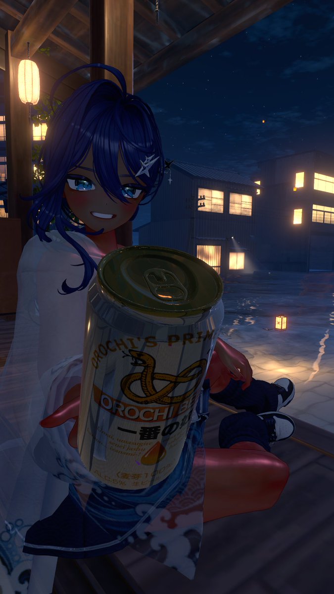 fantasworm's tweet photo. #VRChat 
Sit down and have some beer. (Arm muscle got boosted btw. Also, I changed the face to be more lively and boyish.) https://t.co/VfgJojyQ3Y
