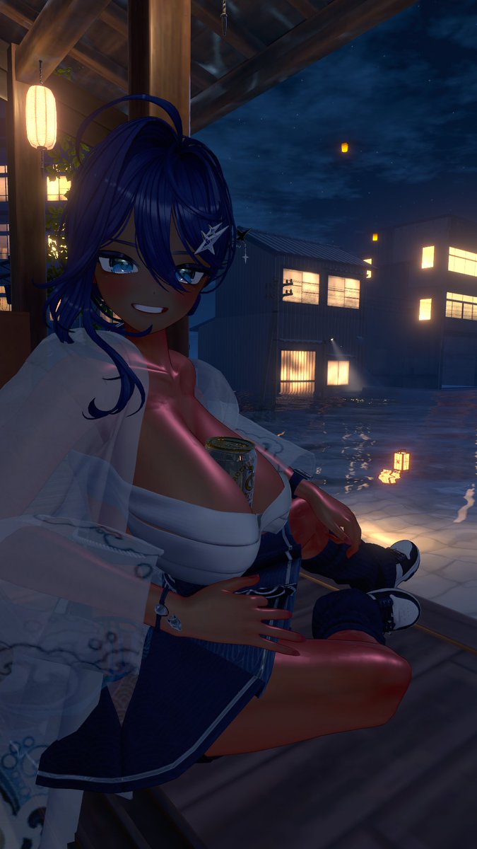 fantasworm's tweet photo. #VRChat 
Sit down and have some beer. (Arm muscle got boosted btw. Also, I changed the face to be more lively and boyish.) https://t.co/VfgJojyQ3Y