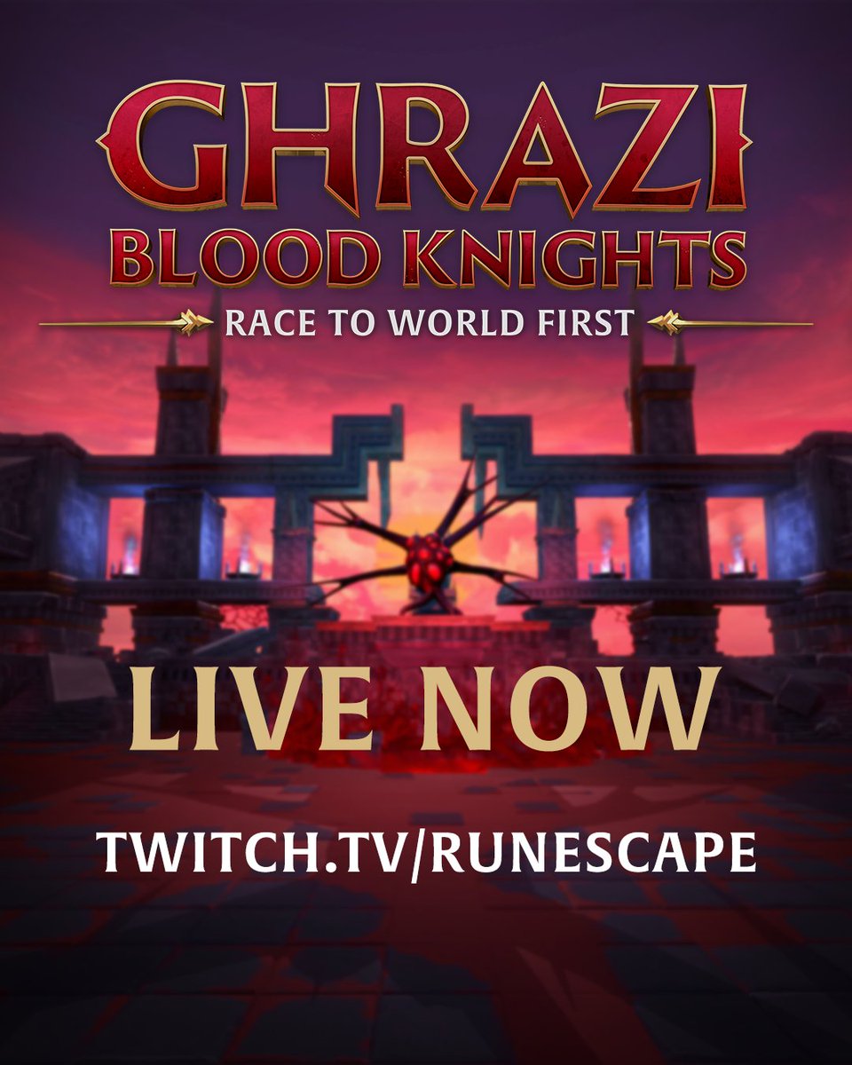 RuneScape's tweet photo. The race starts now! 🏆

Ghrazi Blood Knight Race to World First hosted by @TheRSguyy and @Puprs1 is now live!
  
Catch the action over on https://t.co/tCIpTr8swp 📺 https://t.co/87aJ8QAQrC
