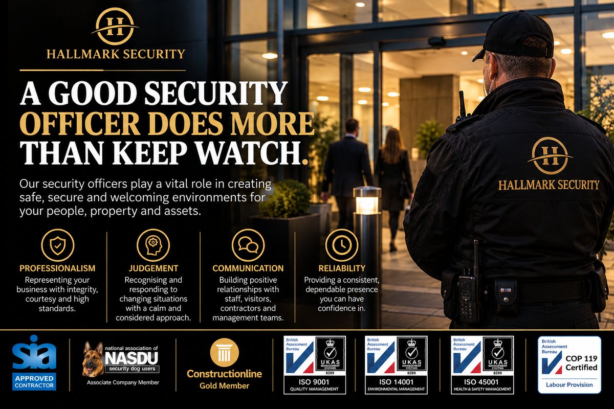 HallmarkSec's tweet photo. A security officer is more than a uniform.

Professionalism. Judgement. Communication. Reliability.

Four qualities that make a real difference to security standards and client confidence.

Which do you value most in a security officer?

#HallmarkSecurity #Security https://t.co/BnTdGR0OpQ