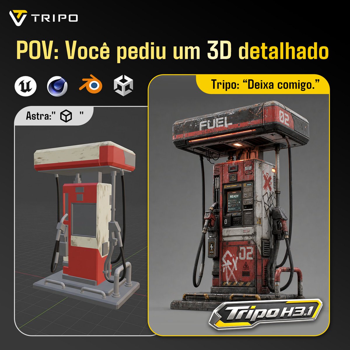 tripoai's tweet photo. De modelos 3D básicos a assets refinados. 
Adicione mais detalhe, melhore a definição e aperfeiçoe os seus assets 3D com Tripo.