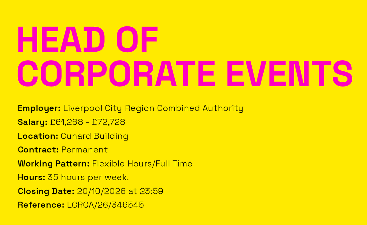 DestinationLCR's tweet photo. NEW VACANCY: Head of Corporate Events   

Ready to lead high-impact events that support growth, investment and the visitor economy across Liverpool City Region?  

Find out more and apply ➡️ https://t.co/q5o6YKE7Aj

@LpoolCityRegion | @VisitLiverpool https://t.co/SQexY2cOu0