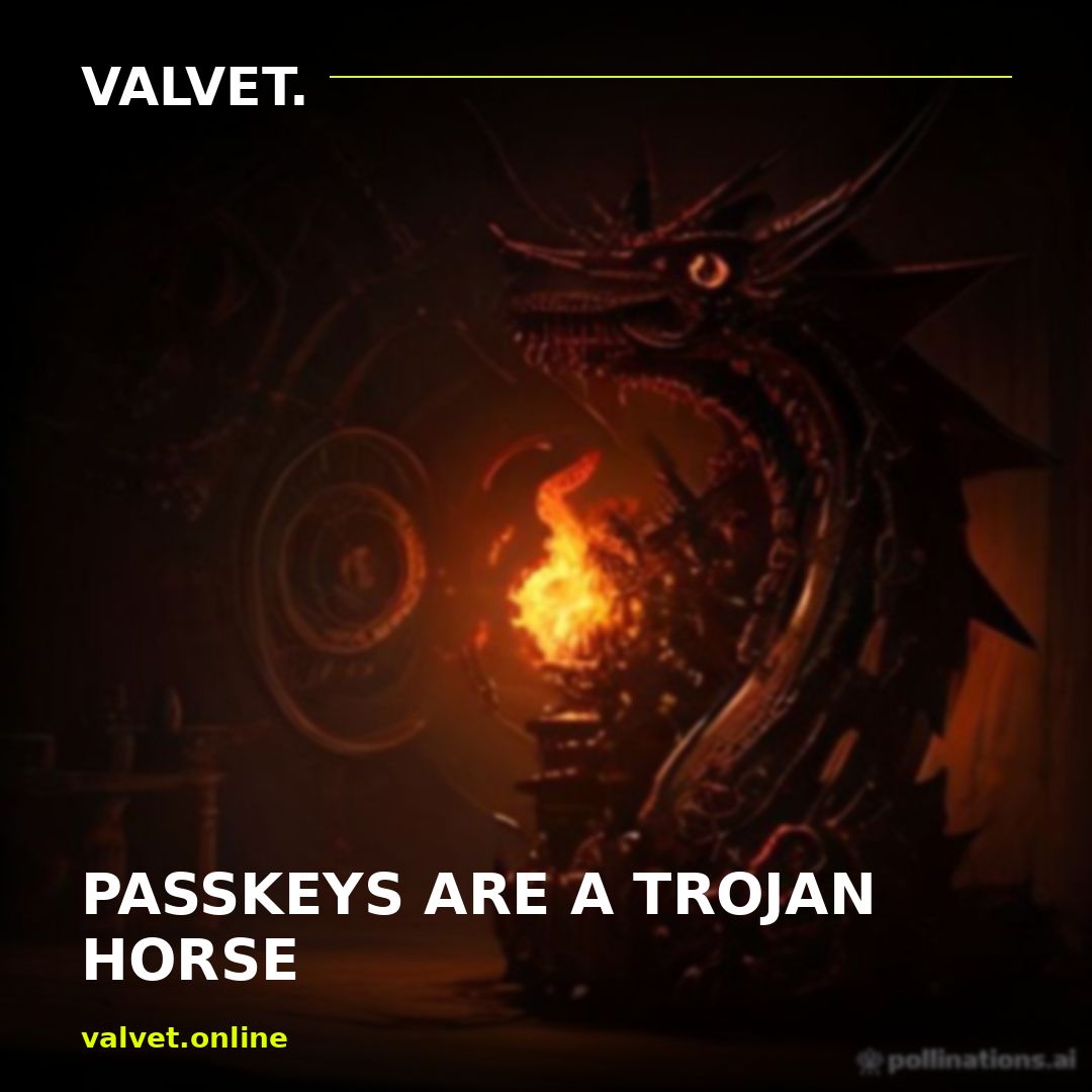 VALVETONLINE's tweet photo. PASSKEYS ARE A TROJAN HORSE

1. Built by FIDO: Big Tech, banks, spooks. No consumer group
2. One label for many types; WebAuthn reads like a parts catalogue
3. A hidden dial lets sites strip your copy and share rights

#VALVET #AI #Thread https://t.co/vFB2My4Ywi