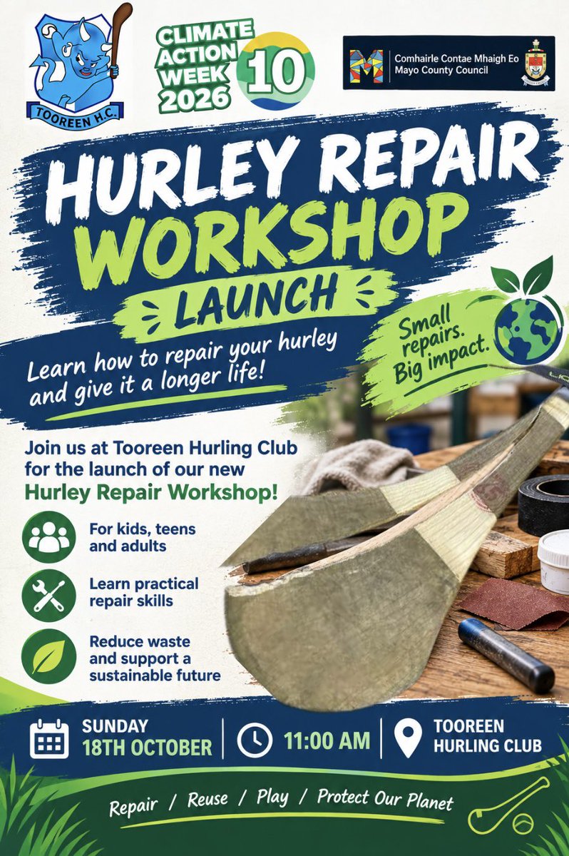 TooreenHurlers's tweet photo. For #ClimateActionWeek2026, the club will launch our new hurley repair workshop next Sunday the 18th October. There will be demonstrations to show the often overlooked skill of repairing broken hurls and is open to all ages.
@MayoCoCo https://t.co/8U2lmwAchd