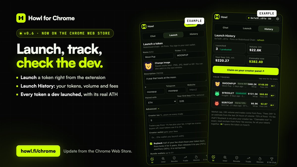 howldotfi's tweet photo. Howl for Chrome v0.6 is live 

Now on the Chrome Web Store:
• Launch a token right from the extension
• Launch History for every token you launched
• Every token a dev launched, with its real ATH
Update from the store or get it at https://t.co/ghMLi1CoO2 https://t.co/8cbGdaC3K1