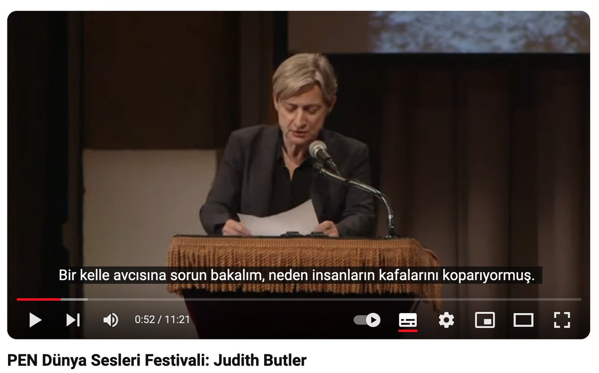Metiskitap's tweet photo. #JudithButler’ın “Öfke ve Yas Üzerine” başlıklı konuşması, 4 Mayıs 2014'te PEN Dünya Sesleri Festivali’nde yapılmıştı. Bu etkileyici konuşmayı kaçıranlar için bir kez daha hatırlatmak istedik.

"Anne Carson, 'Trajedi neden vardır?' diye sorduktan sonra şöyle cevap veriyor:
"Çünkü öfkelisiniz. Peki neden bu kadar öfkelisiniz? 
Çünkü yastasınız."

Türkçe altyazılı, 11 dakika.
 🎥 https://t.co/H4ftDQbhQW