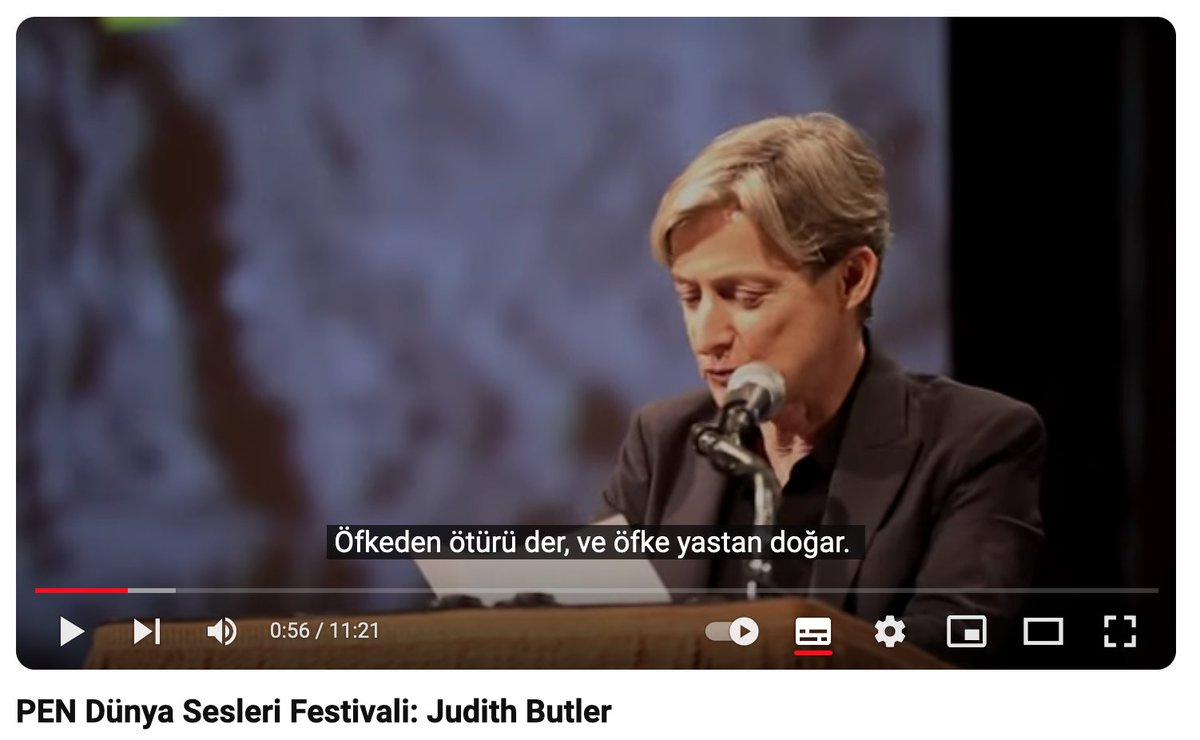 Metiskitap's tweet photo. #JudithButler’ın “Öfke ve Yas Üzerine” başlıklı konuşması, 4 Mayıs 2014'te PEN Dünya Sesleri Festivali’nde yapılmıştı. Bu etkileyici konuşmayı kaçıranlar için bir kez daha hatırlatmak istedik.

"Anne Carson, 'Trajedi neden vardır?' diye sorduktan sonra şöyle cevap veriyor:
"Çünkü öfkelisiniz. Peki neden bu kadar öfkelisiniz? 
Çünkü yastasınız."

Türkçe altyazılı, 11 dakika.
 🎥 https://t.co/H4ftDQbhQW