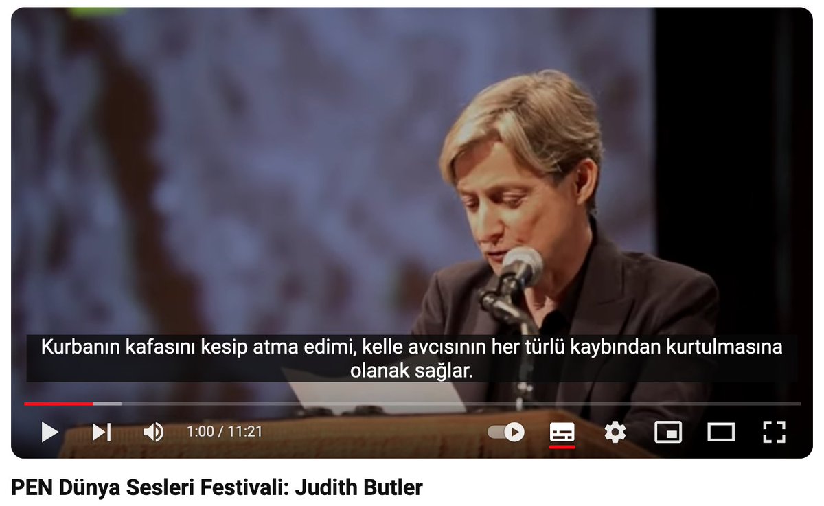 Metiskitap's tweet photo. #JudithButler’ın “Öfke ve Yas Üzerine” başlıklı konuşması, 4 Mayıs 2014'te PEN Dünya Sesleri Festivali’nde yapılmıştı. Bu etkileyici konuşmayı kaçıranlar için bir kez daha hatırlatmak istedik.

"Anne Carson, 'Trajedi neden vardır?' diye sorduktan sonra şöyle cevap veriyor:
"Çünkü öfkelisiniz. Peki neden bu kadar öfkelisiniz? 
Çünkü yastasınız."

Türkçe altyazılı, 11 dakika.
 🎥 https://t.co/H4ftDQbhQW