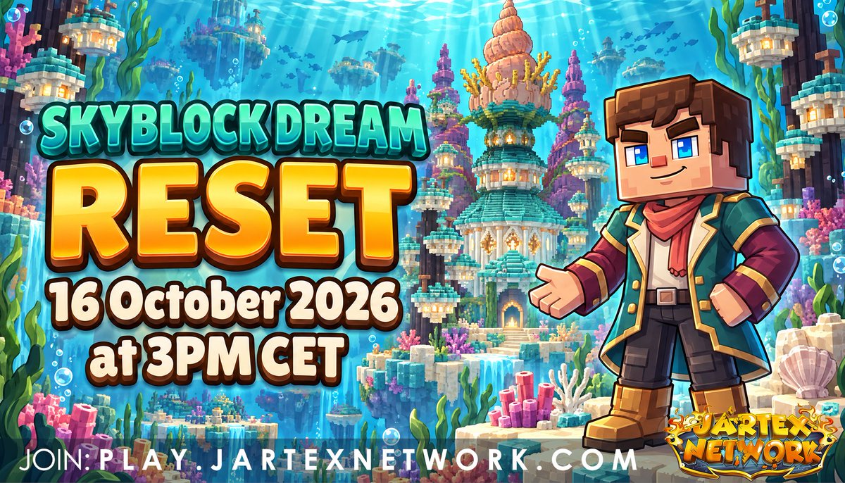 JartexNetwork's tweet photo. JartexNetwork - Skyblock Dream Reset

Prison will reset this Friday 16 October 2026 at 3PM CET!

📚Find out more: https://t.co/QH1BgefCsU

We are giving away the following:
  ▪️ 1x €50 gift card

▶️Like, Follow Retweet to win! https://t.co/0GeQlf5IgM