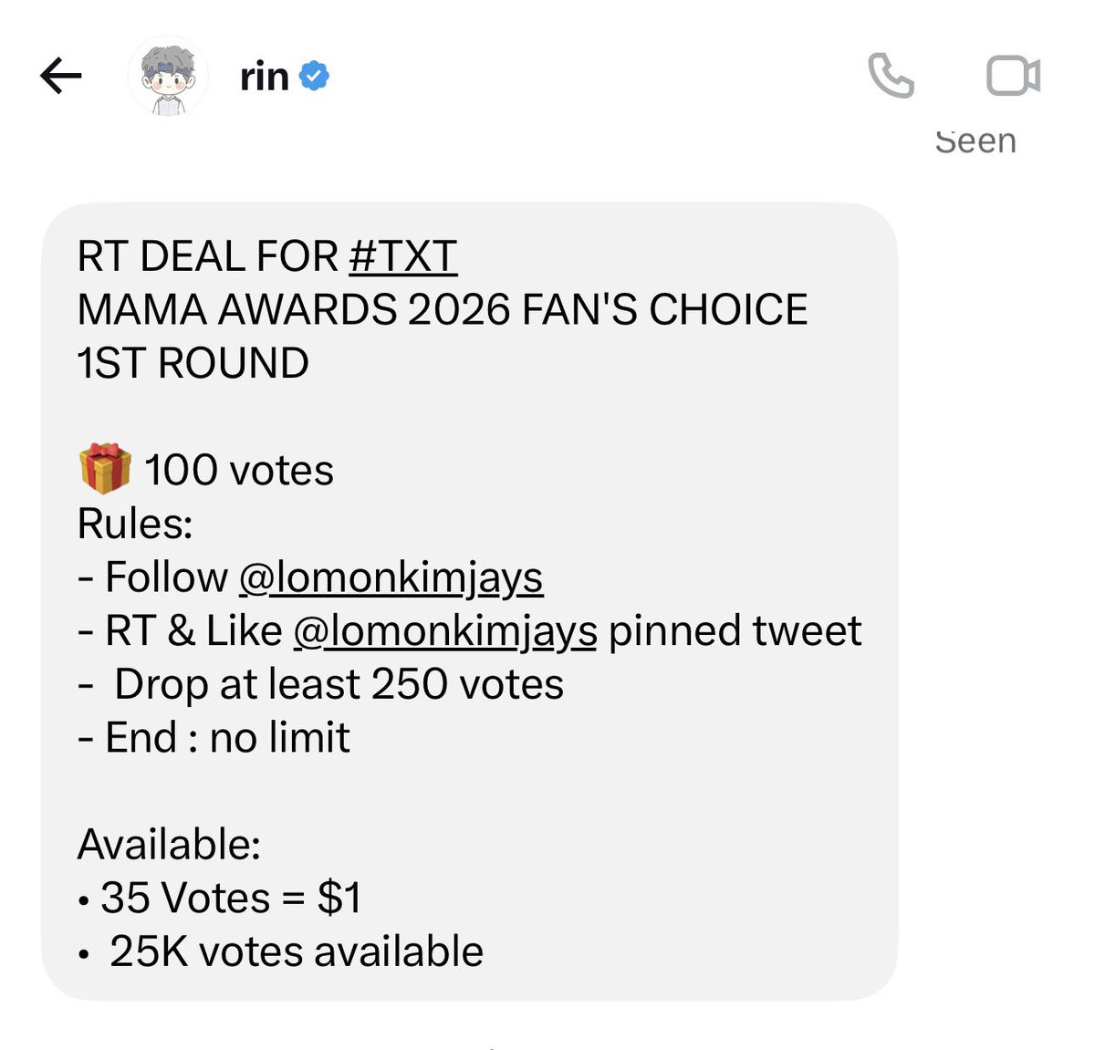L0VELYBEOMIE's tweet photo. RT DEAL FOR #TXT
MAMA AWARDS 2026 FAN'S CHOICE 1ST ROUND

🎁 100 votes
Rules:
- Follow @lomonkimjays 
- RT &amp; Like @lomonkimjays pinned tweet
-  Drop at least 250 votes
- End : no limit

Available:
• 35 Votes = $1
•  25K votes available https://t.co/z9roiAuysU