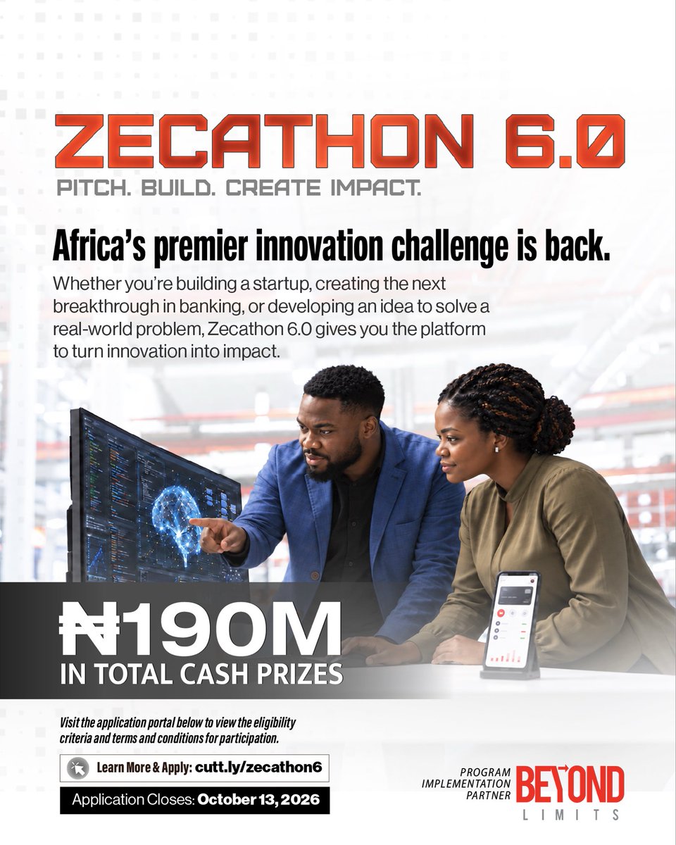 thebeyondlimits's tweet photo. 1 day to go.
This is your final reminder.

If you’ve been waiting to apply for ZECATHON 6.0, now is the time.

Apply now: https://t.co/EnzaOwA8ZT 
Deadline: October 13, 2026.

#ZenithBankZecathon #Innovation #BeyondLimits https://t.co/ycyEGcJIvk