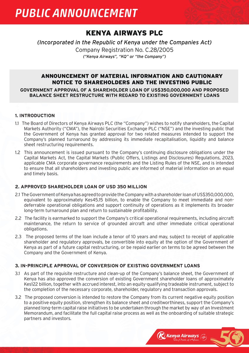 USEUganda's tweet photo. NOTICE: @KenyaAirways has issued an announcement of material information and a cautionary notice to shareholders and the investing public.

For more information, please follow the link to our website: https://t.co/APzm1VQY7s