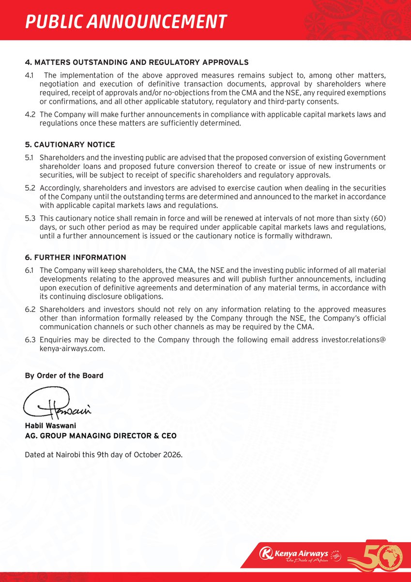 USEUganda's tweet photo. NOTICE: @KenyaAirways has issued an announcement of material information and a cautionary notice to shareholders and the investing public.

For more information, please follow the link to our website: https://t.co/APzm1VQY7s