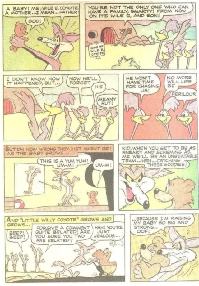 CurrentlyArt's tweet photo. To everyone whose made a #wilerunner fankid where Wile E finds a random baby, please note the comics were way ahead of you #wileroadㅤ #coyotevsacmeㅤㅤ #looneytunesㅤㅤㅤ #wileecoyote #roadrunner 
-this short is pretty dull, and Willy doesnt show up after this im afraid https://t.co/XYNNzVmqNb