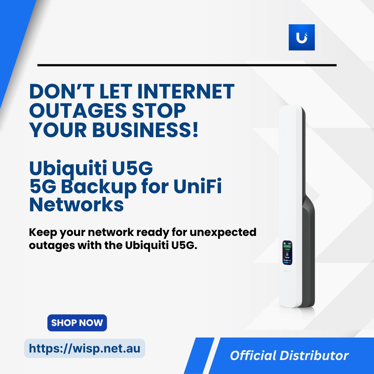 wispaustralia's tweet photo. Unexpected internet outages can interrupt operations, disrupt customer service, and affect productivity. Keep your network prepared with the Ubiquiti U5G — UniFi 5G Backup.
👉 Explore Now at WISP Australia:
https://t.co/BuYpTevM7J
#Ubiquiti #U5G #UniFi #5GBackup #InternetBackup https://t.co/1XBjsHRqiG