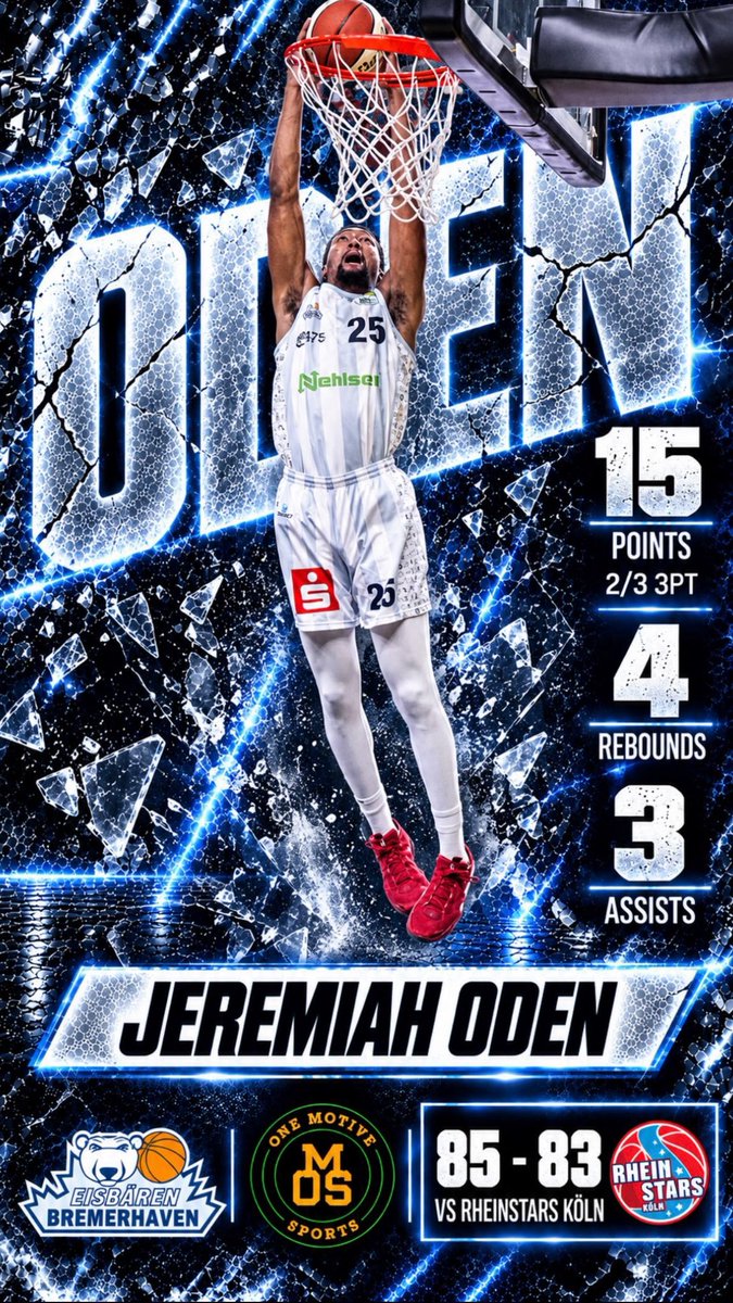 OneMotiveSports's tweet photo. Jeremiah Oden’s @JeremiahOden Rookie year continues to trend upwards. Yesterday, the 6’8” Forward out of Chicago, Illinois and 15 points, 4 rebounds and 3 assists as he helped his Bremerhaven team to a 85-83 win over Koln in ProA Germany play! #OMS https://t.co/euagKHiXS4