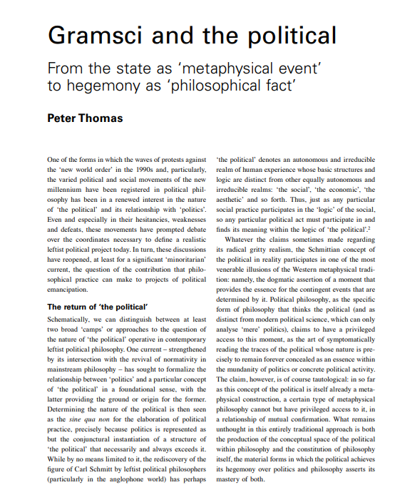 KansuYildirim's tweet photo. Peter Thomas - Gramsci and the political: From the state as ‘metaphysical event’ to hegemony as ‘philosophical fact’ https://t.co/3wisY3DaPx