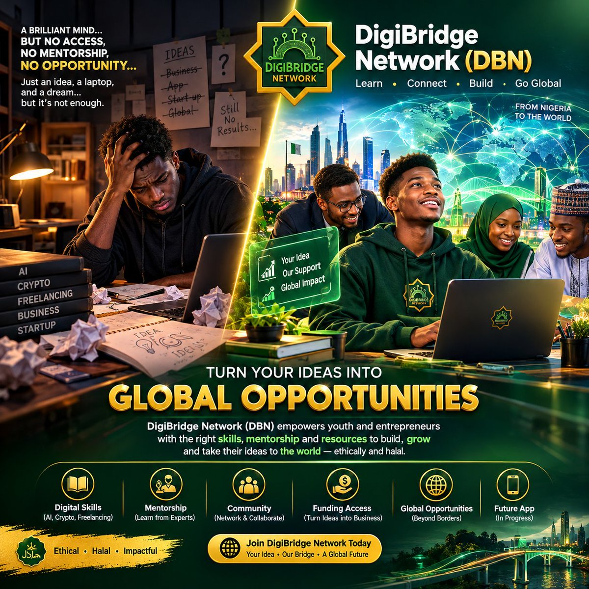 SDAChain's tweet photo. Great ideas shouldn’t stay stuck in one person’s head. 🌍💡
DigiBridge Network (DBN) helps young entrepreneurs turn ideas into global opportunities through digital skills, mentorship, community, and funding access.
Learn • Connect • Build • Grow 🚀
#DigiBridgeNetwork #DBN https://t.co/QHk2HVjLxB