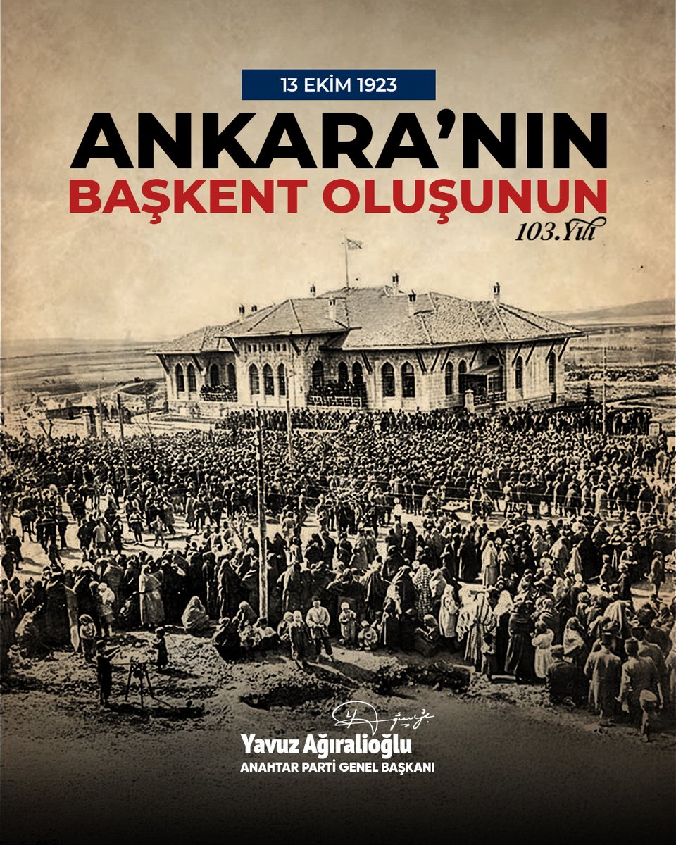 yavuzagiraliog's tweet photo. Bir milletin istiklal iradesi, Ankara’da başkent oldu…

27 Aralık 1919’da Gazi Mustafa Kemal Atatürk’ü bağrına basan Ankara, Milli Mücadele’nin karargâhı, bağımsızlık yürüyüşümüzün kalbi oldu. 13 Ekim 1923’te başkent ilan edilmesi ise bu tarihi sorumluluğun Cumhuriyet’in geleceğiyle buluşmasıydı adeta.

Ankara’nın coğrafi konumu, Ankaralıların bağımsızlığa olan inancı ve Milli Mücadele boyunca ortaya koydukları kararlılık, bu tercihin temelinde yer aldı. Şehrin köklü Ahilik geleneği ve tarihi birikimi de Ankara’nın taşıdığı anlamı zenginleştiren değerler arasındaydı.

Ankara; taşıdığı değerleri ve çok zengin mirasıyla, Milli Mücadele ruhu ve Cumhuriyet’in kuruluşunda üstlendiği rolüyle milletimizin hafızasında müstesna bir yere sahiptir.

Başta Gazi Mustafa Kemal Atatürk olmak üzere, Milli Mücadele’nin kahramanlarını rahmet, minnet ve saygıyla anıyorum. Ankara’nın başkent oluşunun yıl dönümü kutlu olsun...