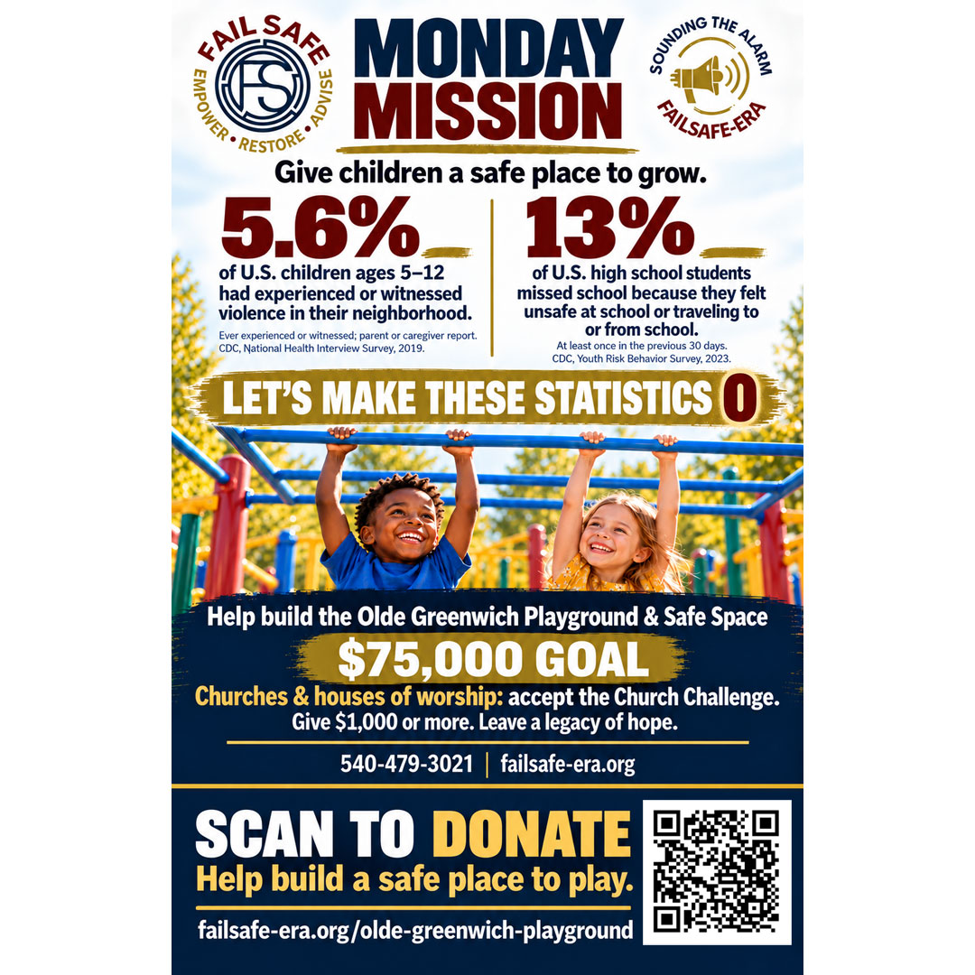 FailSafe_ERA's tweet photo. MONDAY MISSION CHURCH CHALLENGE
Through FailSafe-ERA’s Sounding the Alarm on Youth Violence Initiative, we are raising $75,000 to build a playground and safe community space where children can play and families can reconnect.
https://t.co/oHsx3s8bj0 https://t.co/lTPhpTD8Sk