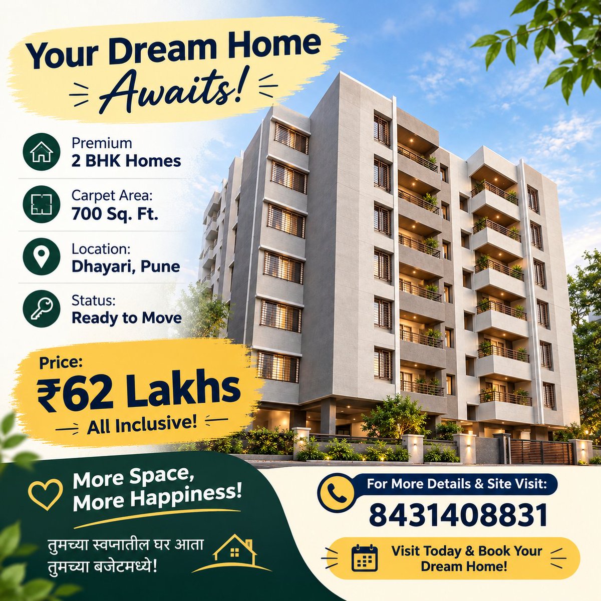 GroundedRealty's tweet photo. 🏡 Your dream 2 BHK in Pune!

📍 Dhayari, Pune
📐 700 sq. ft. carpet
🔑 Ready to Move
💰 ₹62 Lakhs — All Inclusive

Looking for your family home? ❤️

📞 Call/WhatsApp: 8431408831 to book a site visit.

#Dhayari #PuneRealEstate #2BHK #PuneProperty #GroundedRealty https://t.co/zrVlOdI5m6