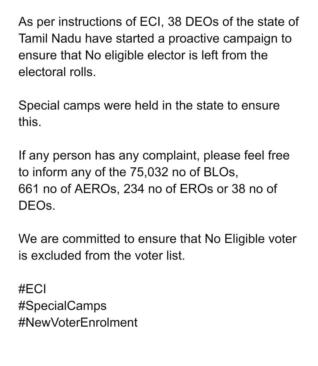 TNelectionsCEO's tweet photo. #ECI 
#SpecialCamps
#NewVoterEnrolment

@ECISVEEP https://t.co/XX5AGSjAbb