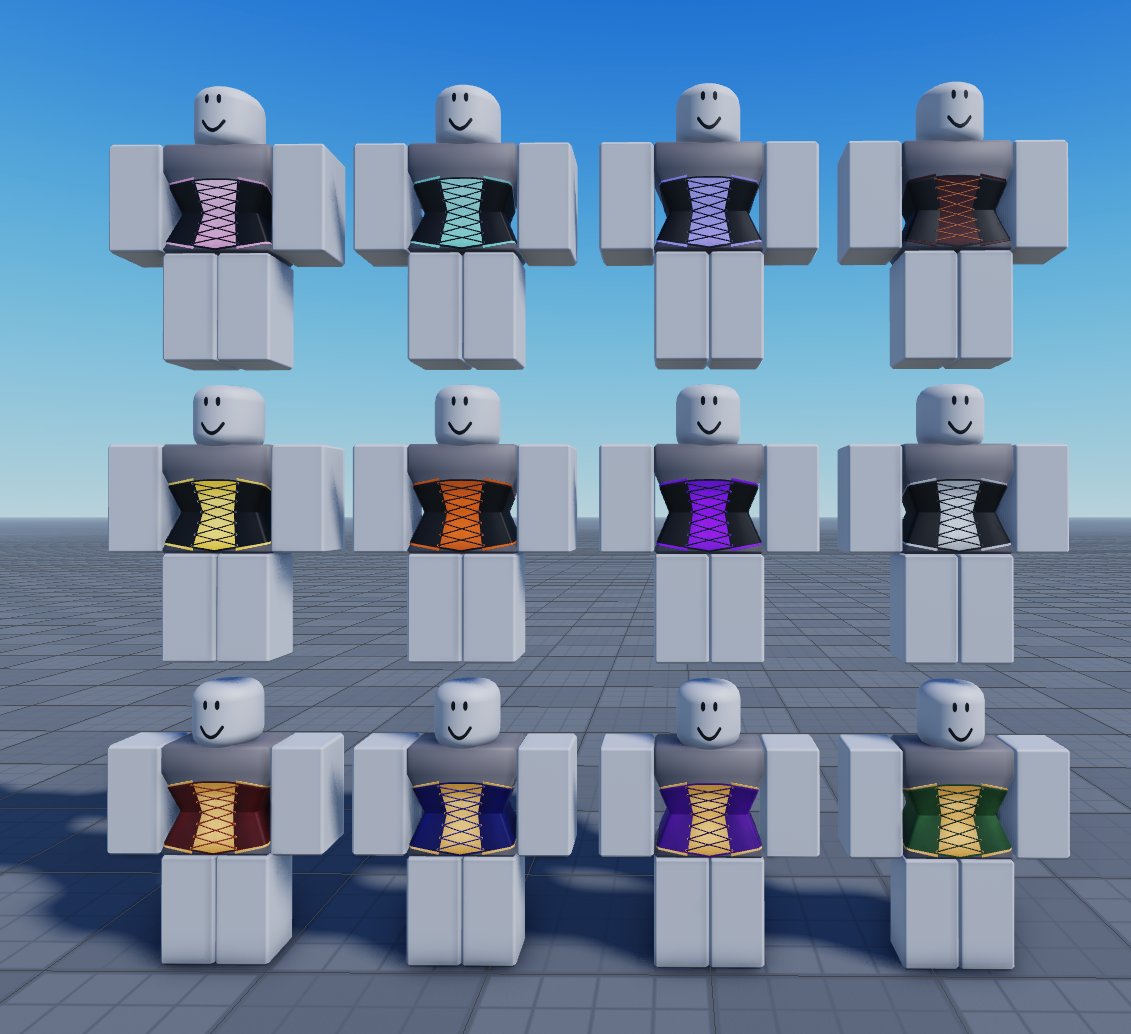 Wellimtoast's tweet photo. Alright have fun, the 1.0 versions of my corsets are now out! :D lots of choices! 🌟

Find em here! -> https://t.co/E3l3NCIXin

All colors here have a matching 2.0 version! :]

#RobloxUGC #Roblox #RobloxDEV #UGC https://t.co/LpeRkMzjWg