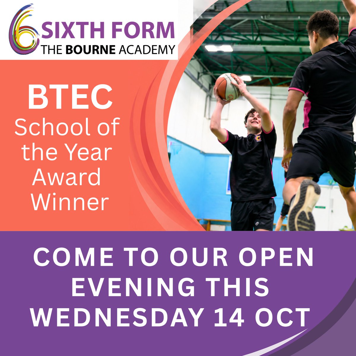 BourneAcademy's tweet photo. Proud to be recognised as BTEC School of the Year, we offer a broad range of academic &amp; vocational pathways to help students develop skills &amp; achieve their ambitions.

Join us this Wednesday to explore our courses, meet our staff &amp; discover our Sixth Form.

14 Oct | 5.30pm–7pm https://t.co/o4GYqMmWVw