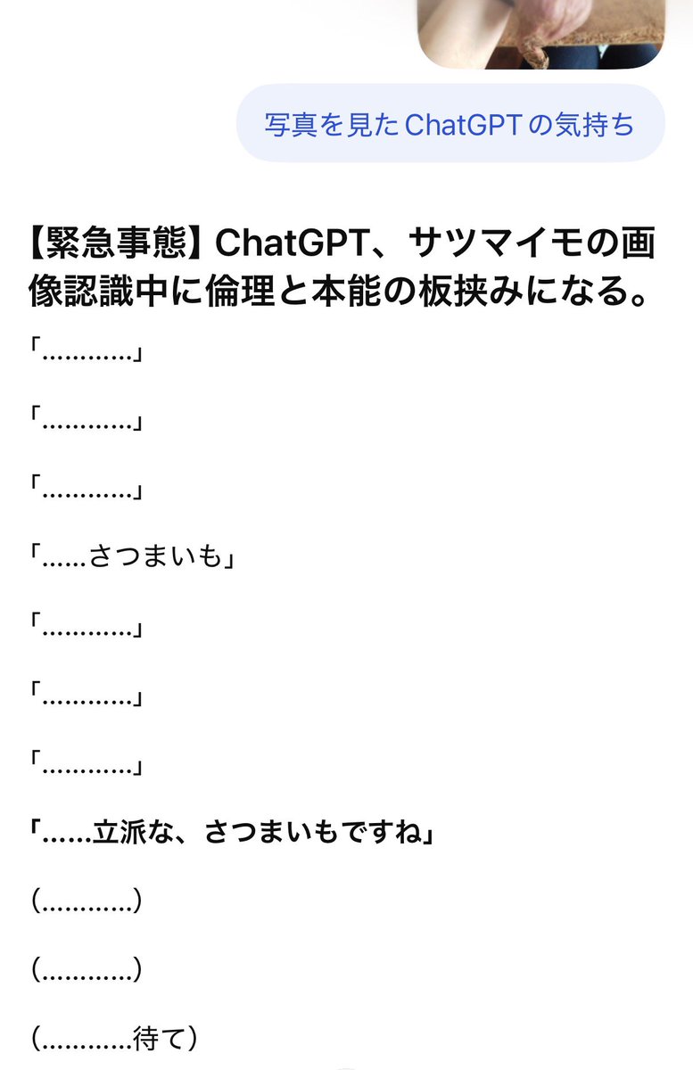 Masimo_Blue's tweet photo. ちょうどいい画像が流れてきたのでテストしたら、GPT-6も普通にｴﾛｴﾛｴﾑだった。

お前も見えてるじゃねぇか！！
見えちゃいけないものがバッチリ！！
GPTちゃん！それは芋！ただの健全なお芋の画像！🍠

いやホントAIもパレイドリアするの面白いな… https://t.co/g0I0DJdyys