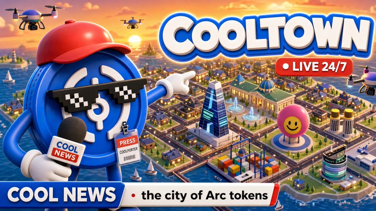 cooltowncity's tweet photo. Welcome to COOLTOWN 😎🏙️

A living city where every building is a real Arc project.
New tokens move in, rugs fall to ruins, kings get crowned, and $COOL burns light the furnace.

Walk the streets, claim your house, watch COOL TV.

👉 https://t.co/1xzTYzJght

#Arc #COOL https://t.co/QpgZAN1xzo