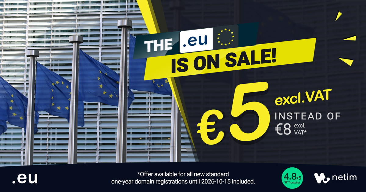 Netim_com's tweet photo. 🇪🇺 .EU extension is on sale!

⏳📢 Last day to register your .EU #DomainName for just €5 (excl. VAT)!

📧 1 email address included

👇 Check availability
https://t.co/uvJy0ZgMXM

#Europe #EU #Website @EUregistry https://t.co/Dh88FNeSVI