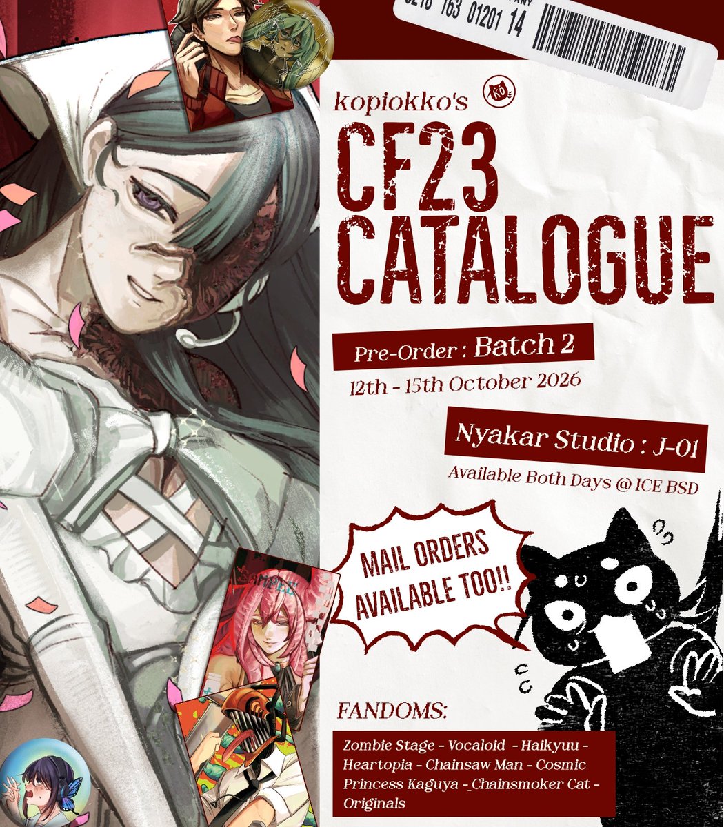 kopiokko's tweet photo. [❤️&amp;🔄 are appreciated!]

Hii! I'm opening a SUPER FAST Batch 2 pre-orders for #CF23 and mail orders!

📆 PO: 12th - 15th Oct 
🗓️ Mail: 12th - 30th Oct
📌: Nyakar Studio J-01
🖤: ZOMST, Vocaloid, Haikyuu, Heartopia, CSM, CPK, Yani Neko, Originals

🔗 at the end! 

#cf23catalogue https://t.co/7BxCi1xPjB
