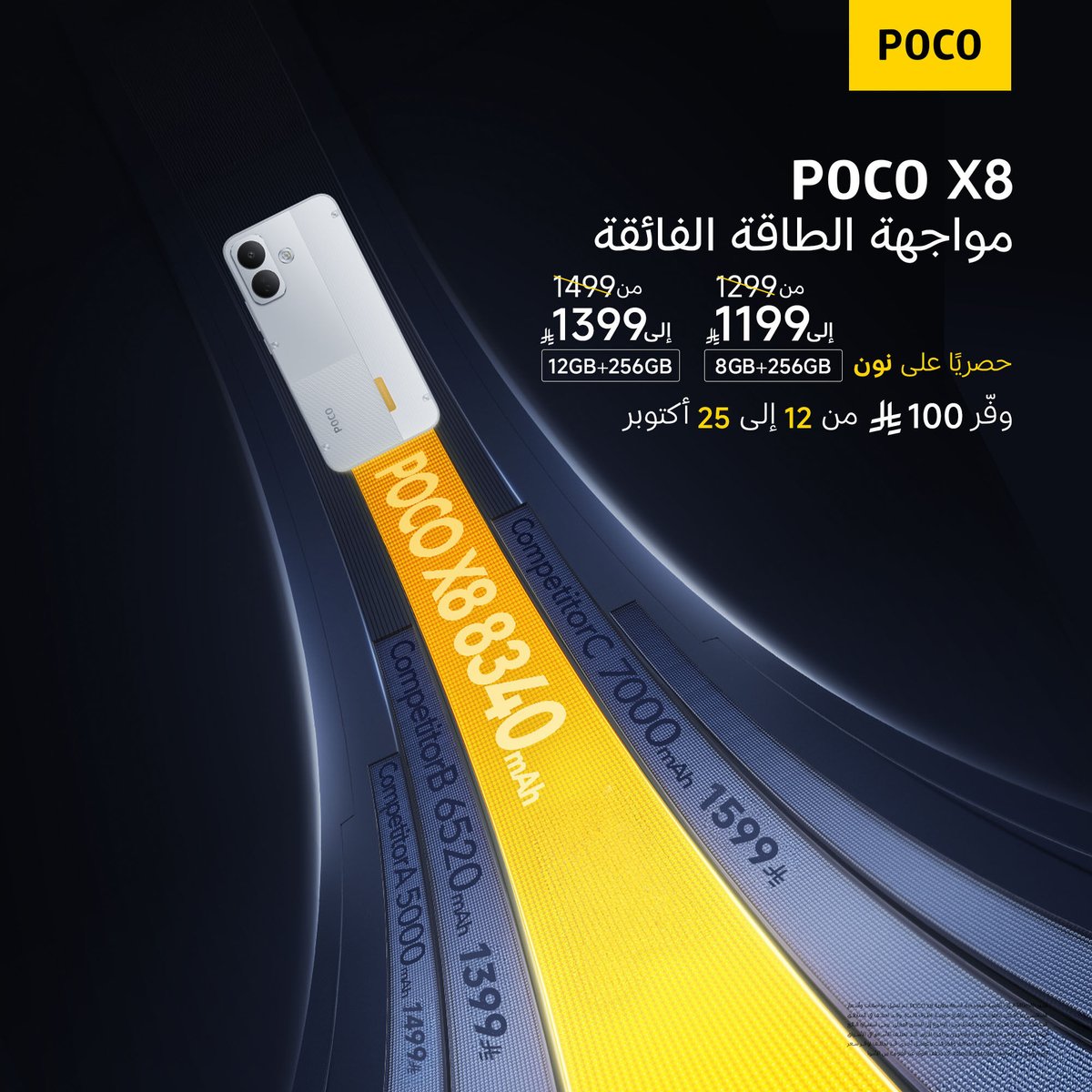 PocoKsa's tweet photo. في الوقت اللي غيرك يبطّئ، POCO X8 مكمل
بطارية بسعة 8340mAh، جاهزة في أكثر وقت تحتاجها فيه https://t.co/OPLMdebeKe